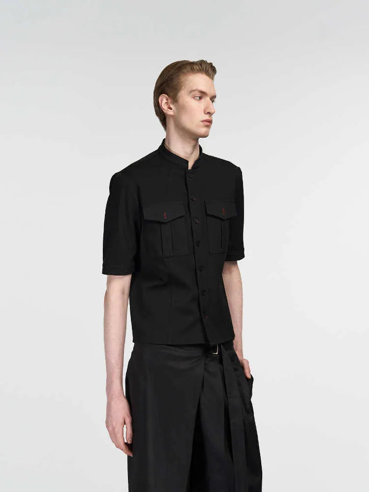 Handmade red eye hunting suit half sleeve shirt in black, loose fit with shirt collar and single-breasted placket