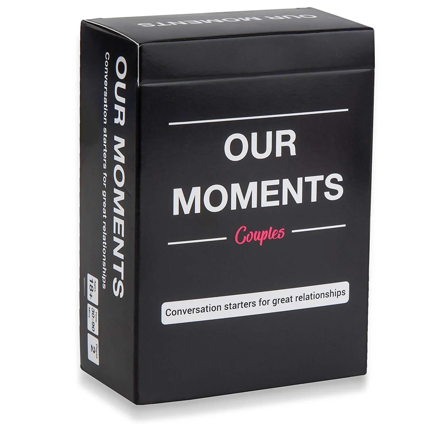 Black box of Our Time Lovers Edition communication cards for couples, showing card dimensions.