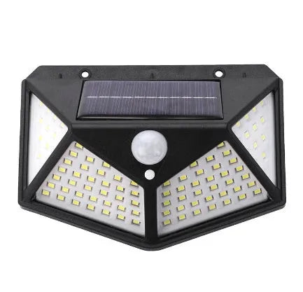 Solar-powered outdoor garden lamp with LED lights and a motion sensor on a stake.