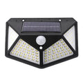 Solar-powered outdoor garden lamp with LED lights and a motion sensor on a stake.
