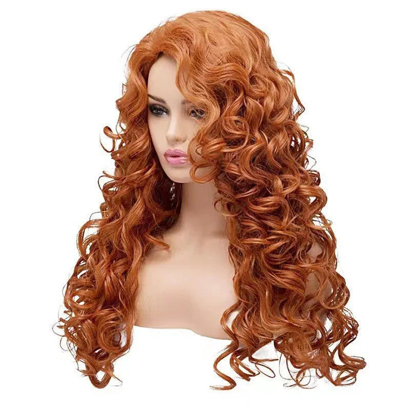 Brown long wavy curly synthetic wig with exotic style on wig head cover