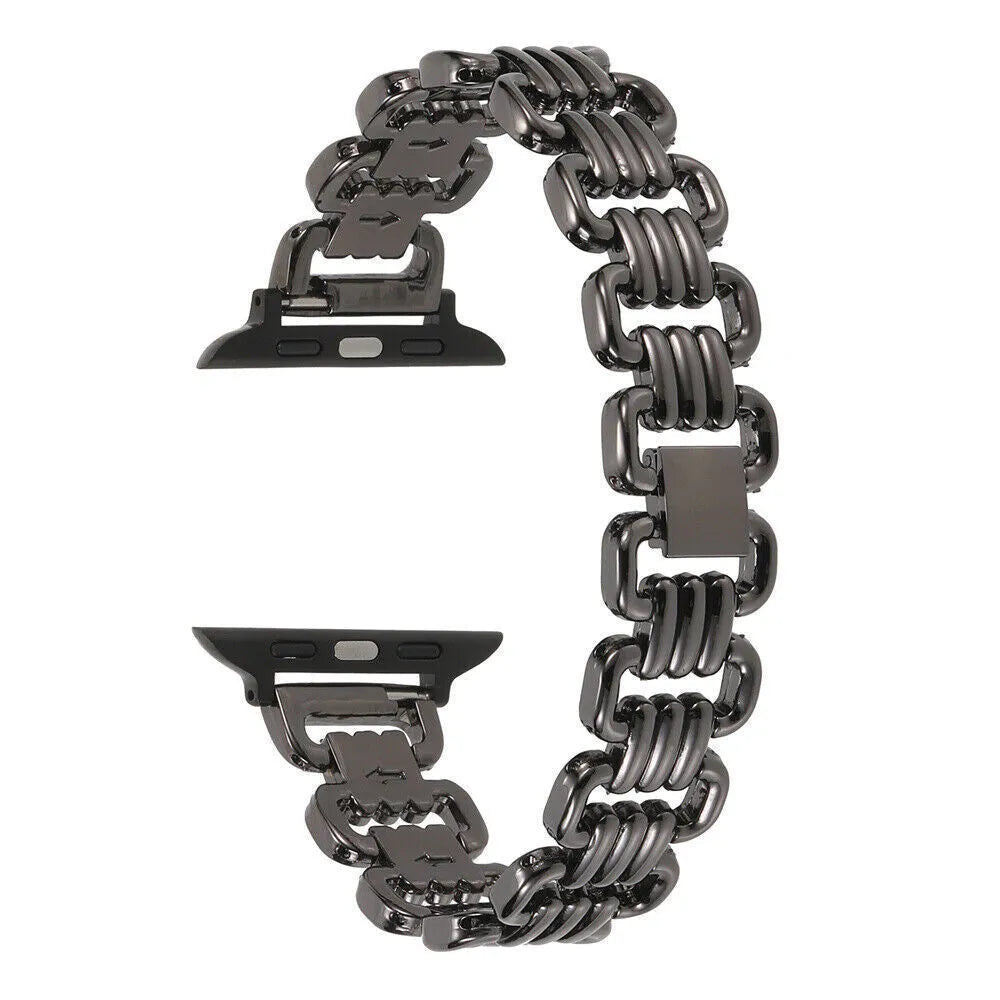 Alloy metal ladies watch bracelet for Apple Watch in silver, black, gold, rose gold, and Starlight colours, sizes 38-49mm