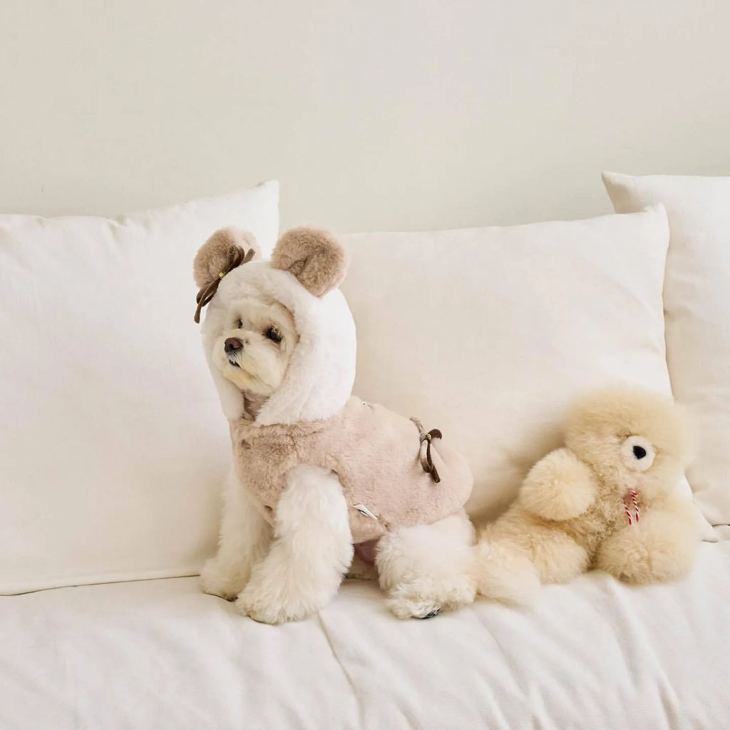 Light pink polyester warm coat for small dog or cat on hanger with size tags