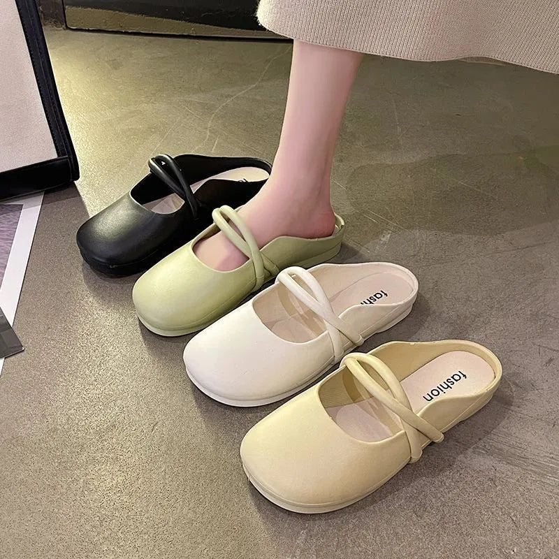 Women's Baotou flip flop sandals in plastic, shown in black, beige and green colour options.
