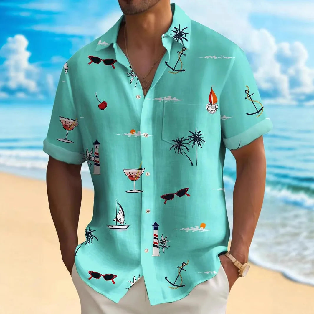 Men's Hawaiian shirt with digital print, loose fit, short sleeves, and 100% polyester fabric in various colours.