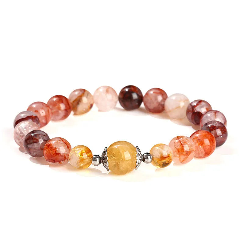 Handmade women's crystal bracelet with 10mm citrine lucky beads and red sealant flower design