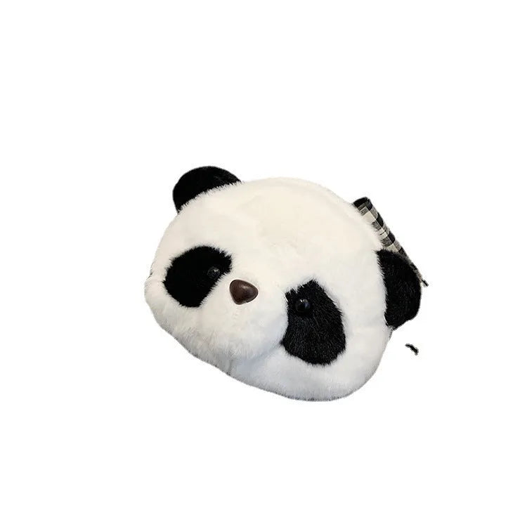 Cylindrical crossbody bag with panda head design, plush material, dimensions 18x15x8cm