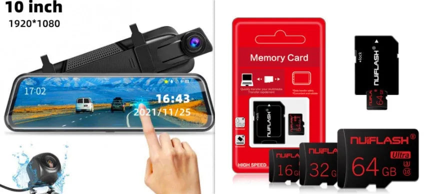Black 10-inch rear view mirror dash cam with dual recording, 170-degree angle, and touch screen