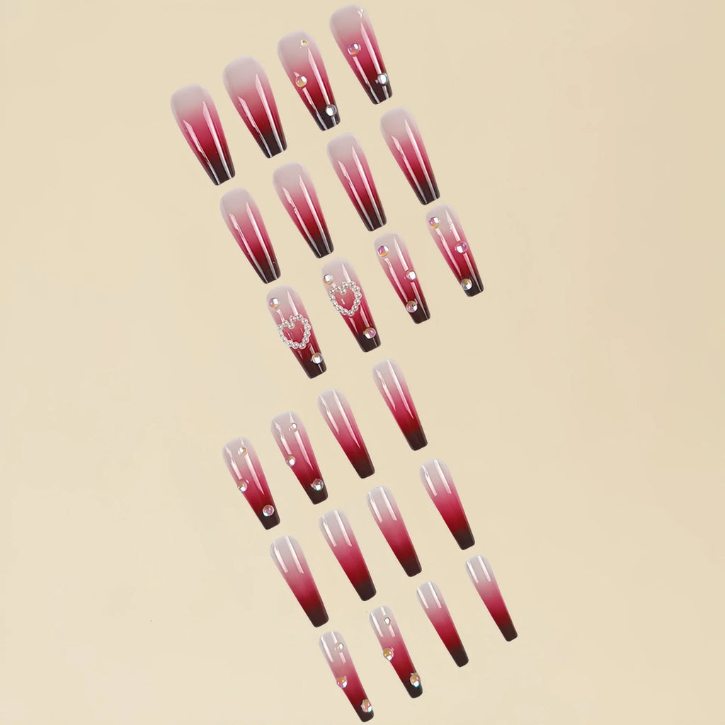 Wine red gradient fake nail tips with plaid heart pattern in long ballet shape