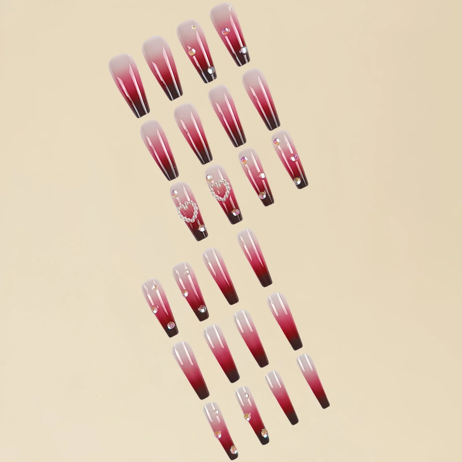 Wine red gradient fake nail tips with plaid heart pattern in long ballet shape