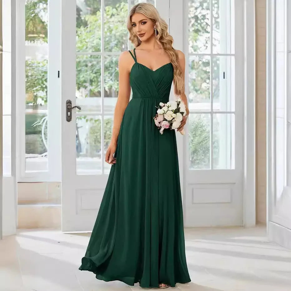 Sling Banquet long pleated dress in light green, A-line skirt, sleeveless design, casual style