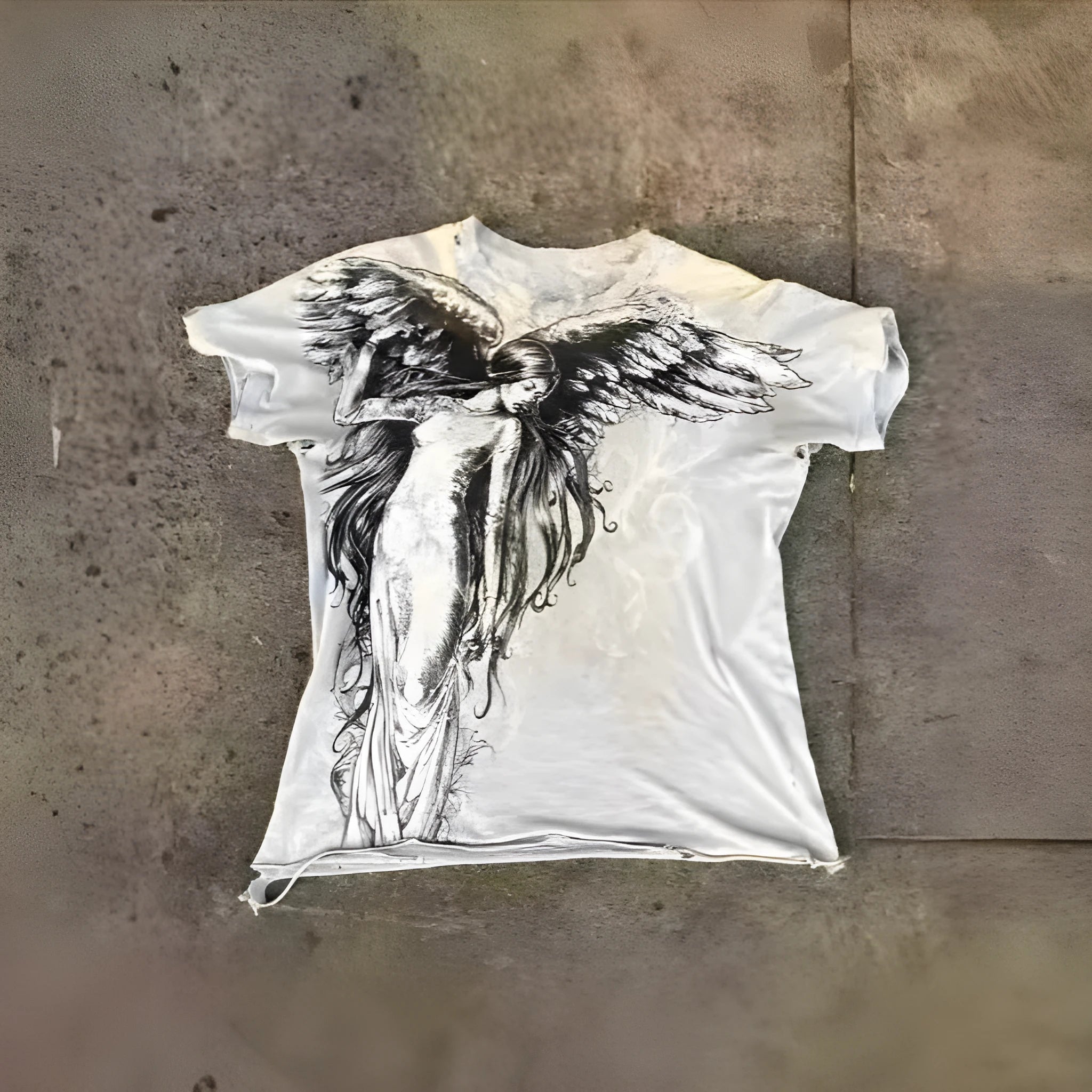 Men's gothic short-sleeve black top featuring a large cartoon graphic print on the front.