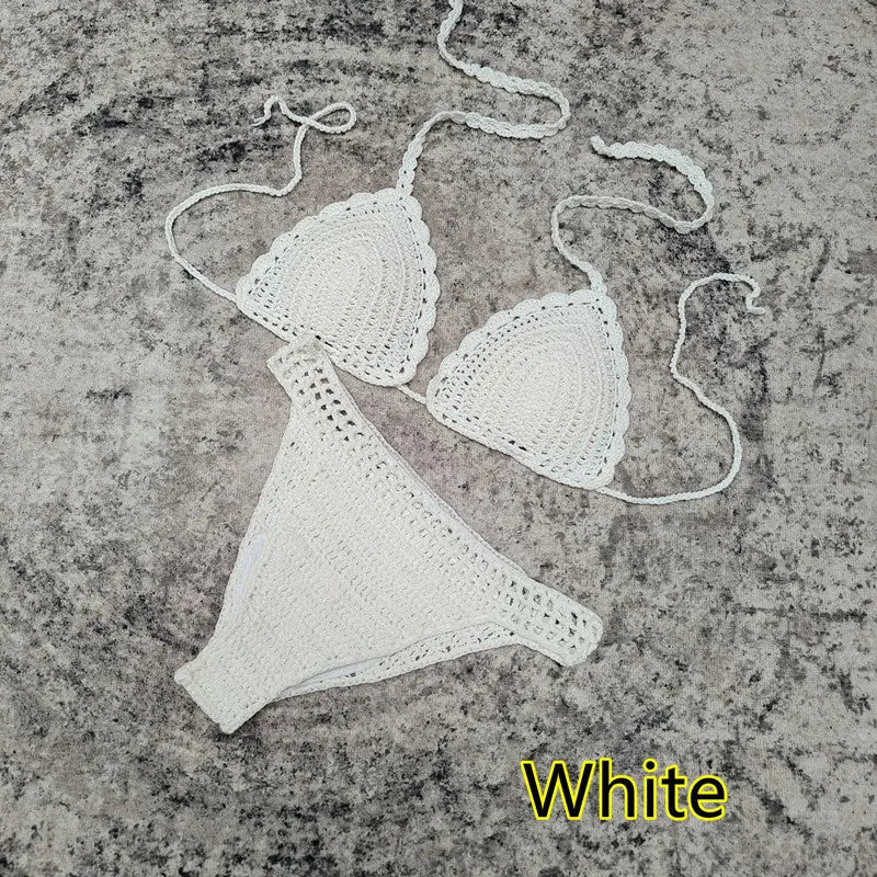 Handmade crochet bikini set with matching beach skirt in blue colour, showing three separate pieces