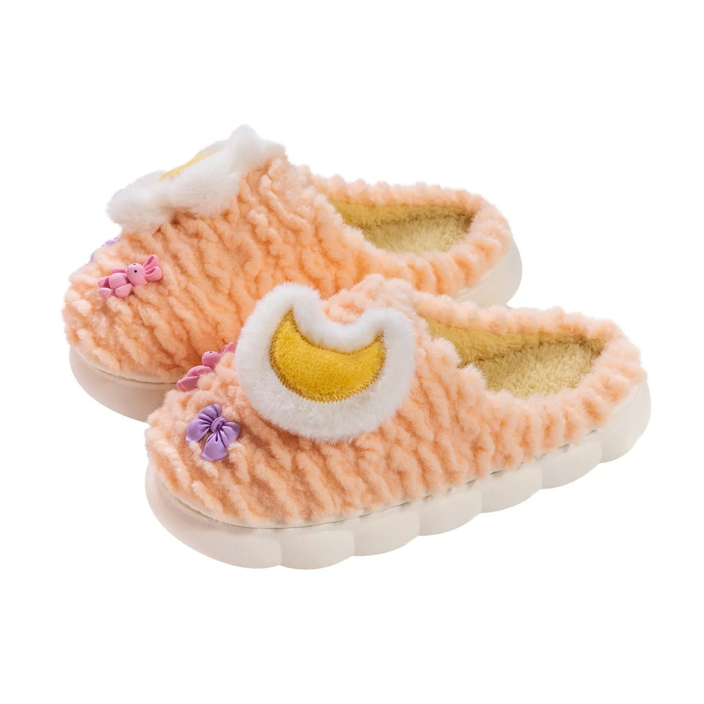 Light blue women's cartoon animal pattern fleece-lined plush slippers with round toe holder