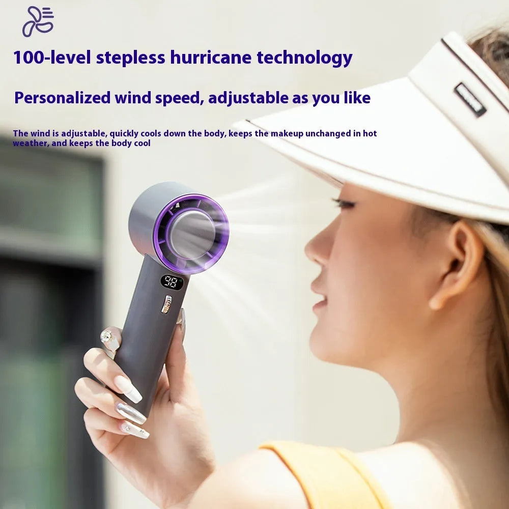 White and grey portable handheld turbo fan with semiconductor cooling and adjustable speeds.