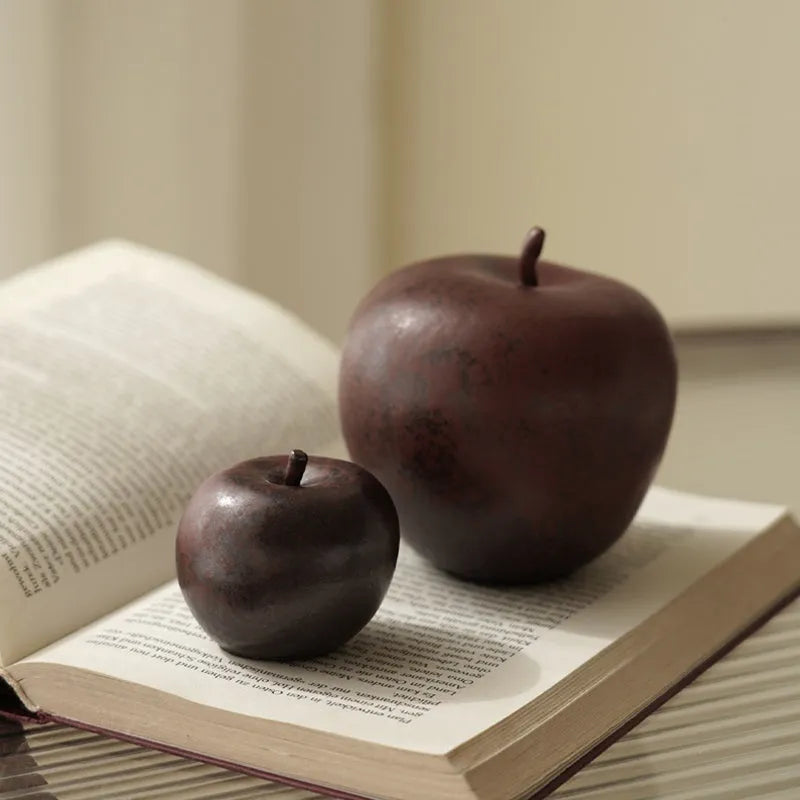 Retro Chinese ceramic simulation apple ornament on desktop, showing authentic details and ceramic construction