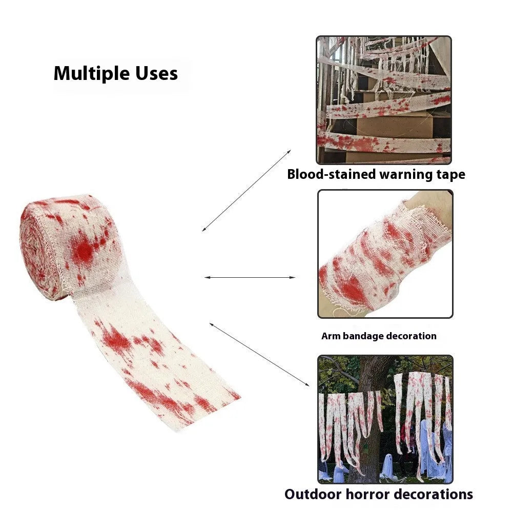 Halloween bloody horror dyed gauze bandage showing 8cm width and polyester texture