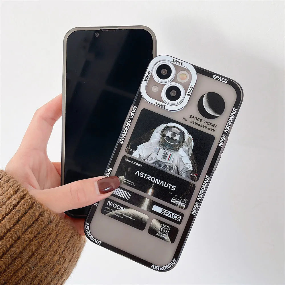 Space astronaut graffiti design phone case for iPhone in blue-black contrast colour