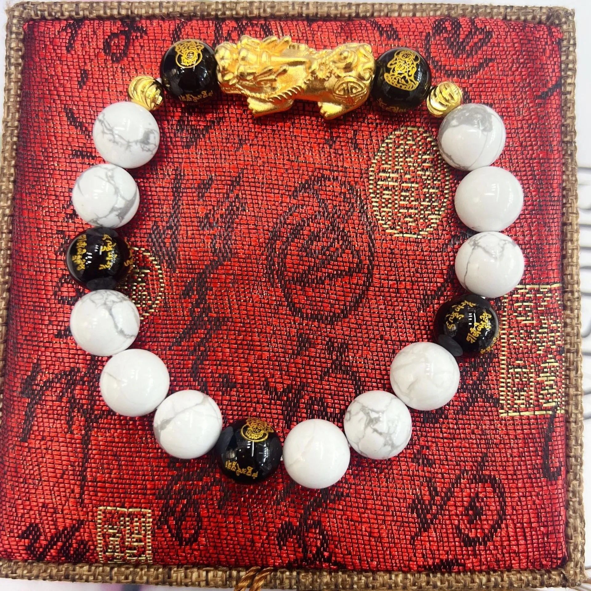 Handcrafted white turquoise and black agate couple bracelet with adjustable 15-17cm sizing