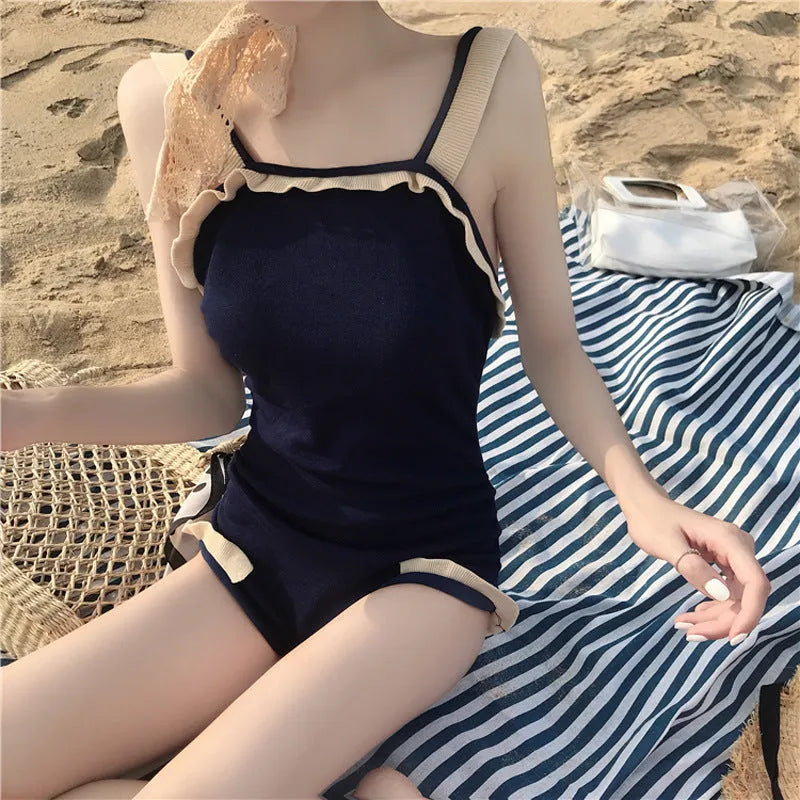 Women's conservative one-piece swimsuit in nylon fabric with Asian sizing options