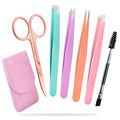 Professional stainless steel eyebrow tweezers set with curved scissors and leather case