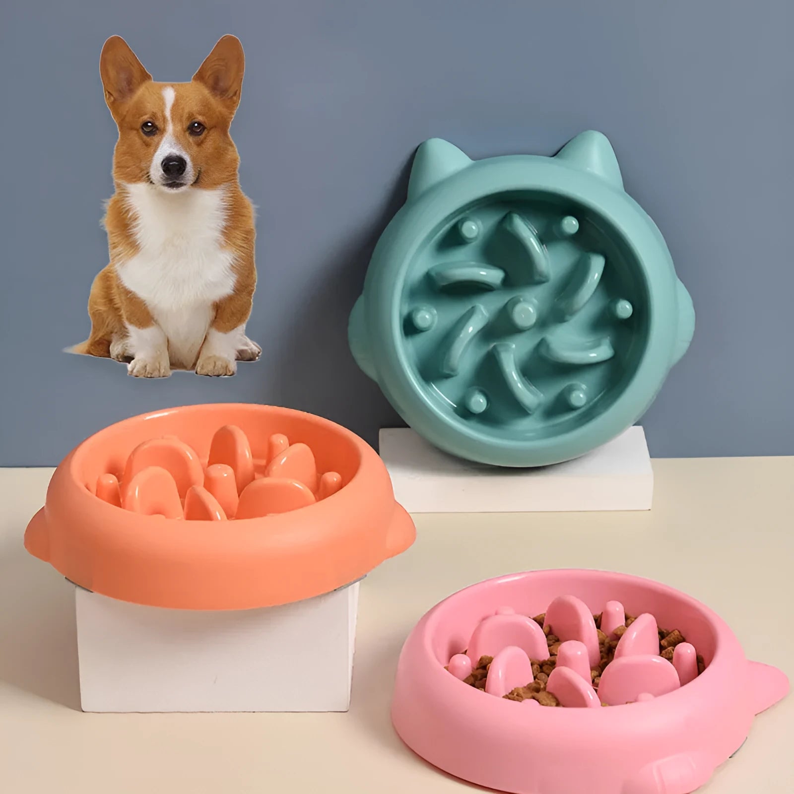 Green bone-shaped slow feeder dog bowl with raised ridges to prevent fast eating.