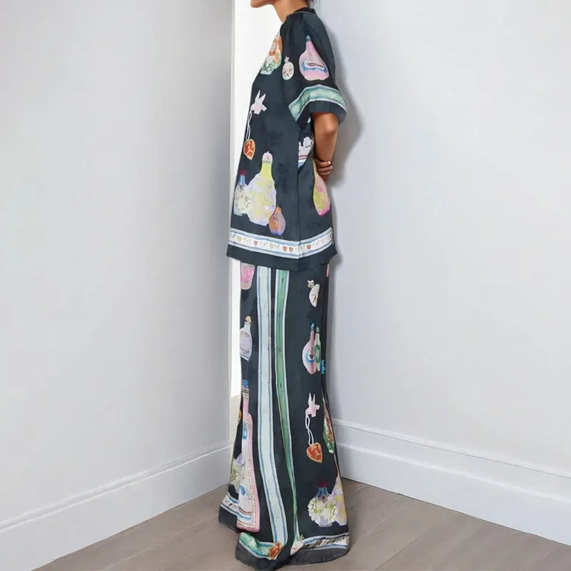 Women's black casual set with cartoon animation pattern, cardigan and trousers in sizes S to 3XL