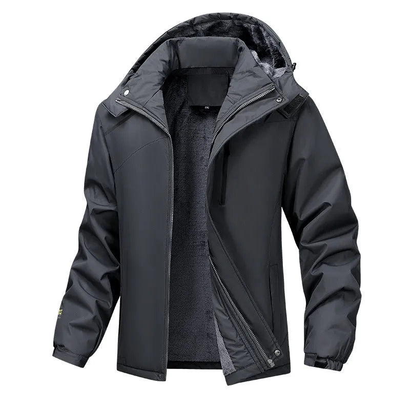 Men's plus size hooded waterproof coat in army green showing loose fit and hood design