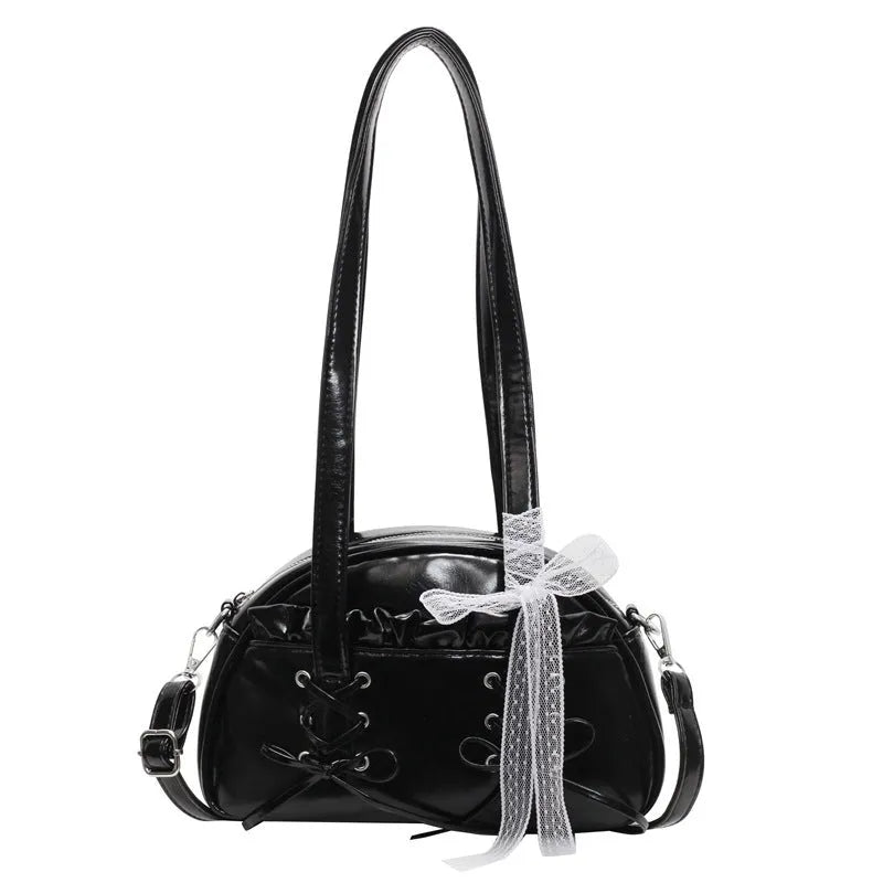 Women's bandage bow handbag in PU leather with mobile phone compartment and decorative sewing thread details