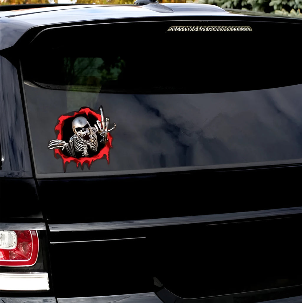 Reflective metal skull car sticker with colourful broken shell pattern measuring 15×14cm
