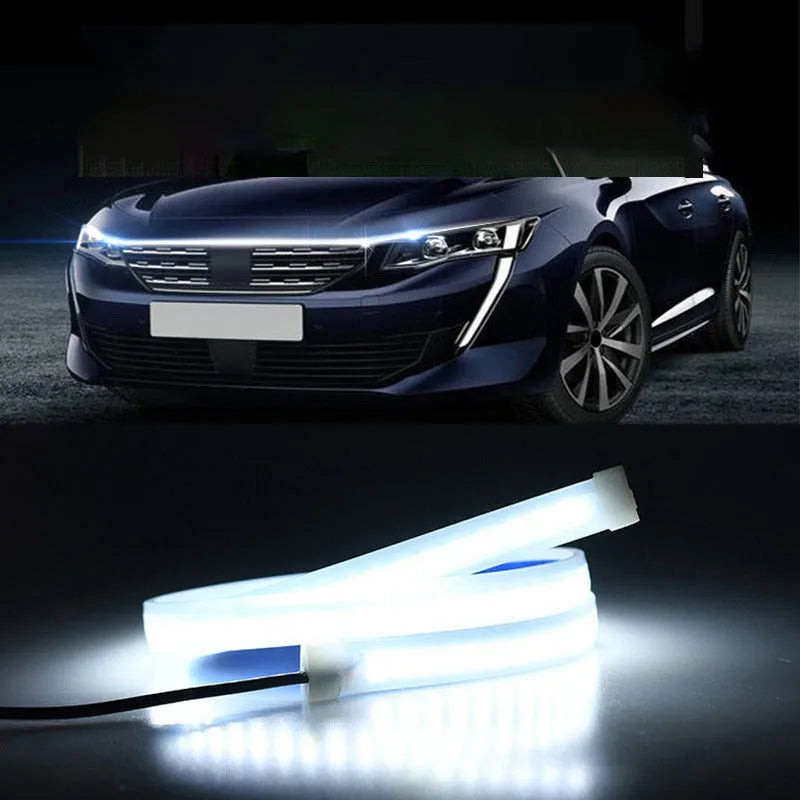 Automotive engine cover LED strip lights showing installation through daily running light screen gap with colour illumination options