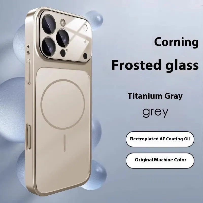 Orange frosted tempered glass phone case with magnetic feature for iPhone protection.