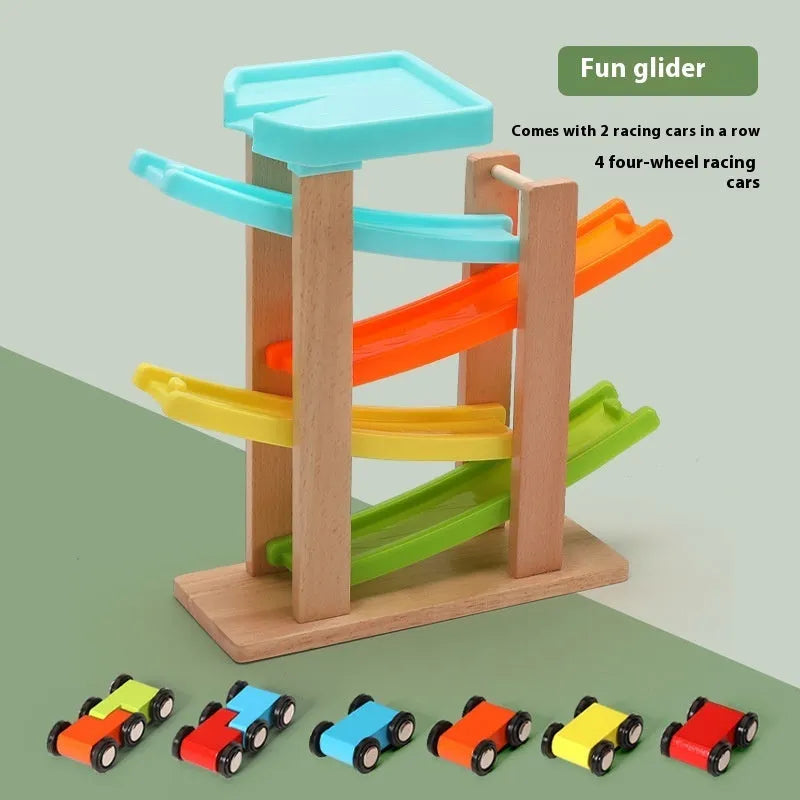 Children's wooden multi-layer gliding car track toy for ages 4-6 with colourful sliding car and track pieces