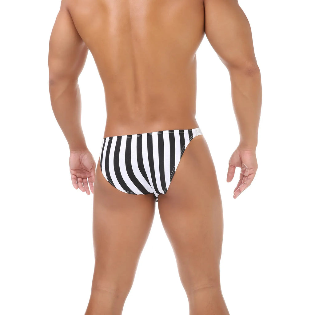 Men's shiny nylon briefs with zebra stripe pattern and U pouch design.