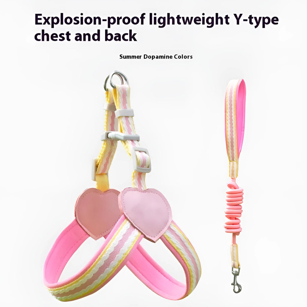 A pink nylon dog chest strap harness connected to a 1.5 metre long matching rope lead on a neutral background.
