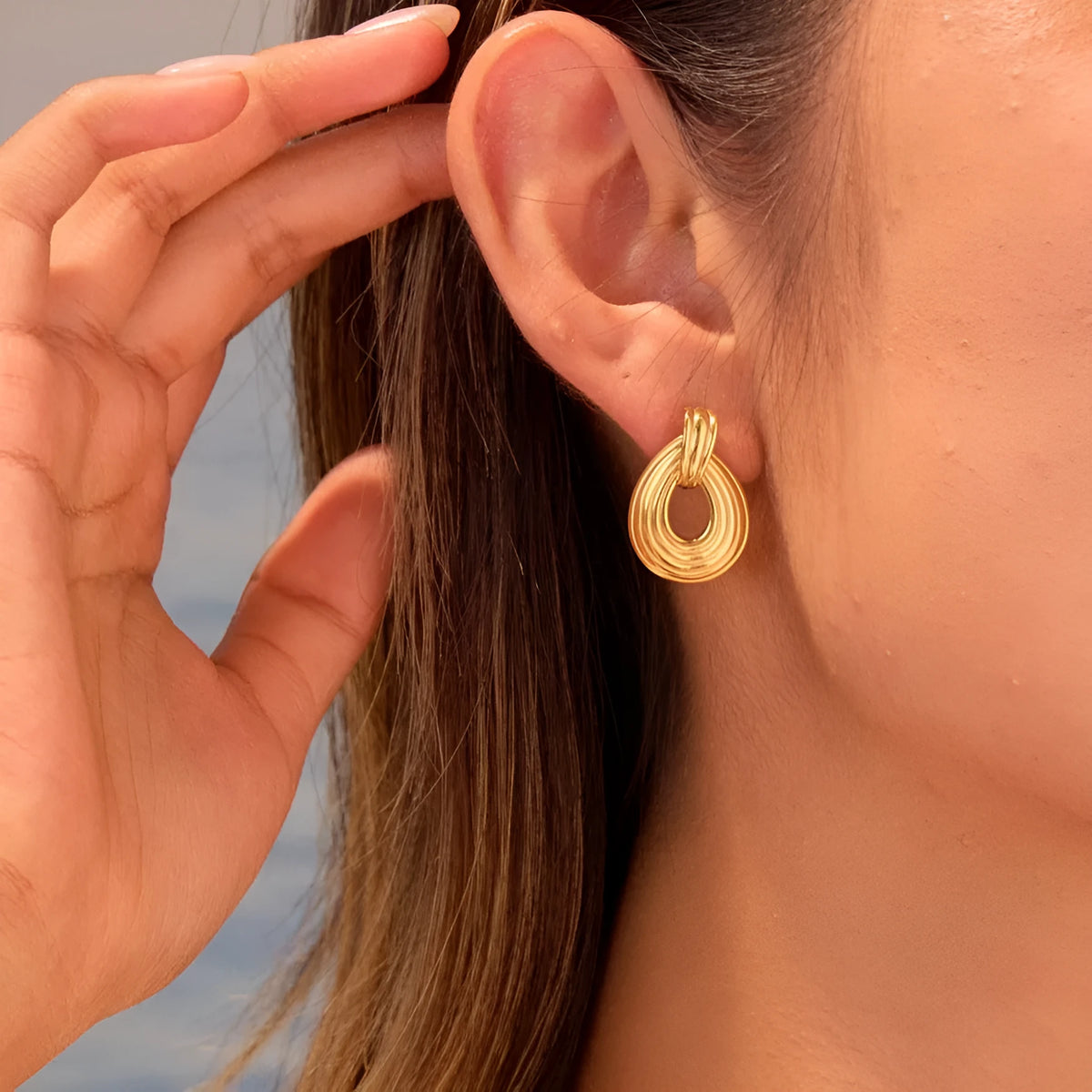 18K gold plated stainless steel ring texture earrings for women, non-fading geometric fashion OL design