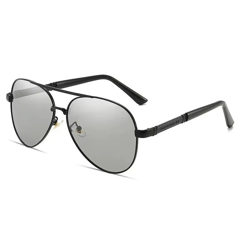Men's polarised sunglasses with metal frame showing UV400 protection and Japanese-Korean style design