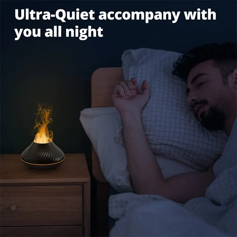 Beige USB aromatherapy diffuser with flame effect lighting on wooden table