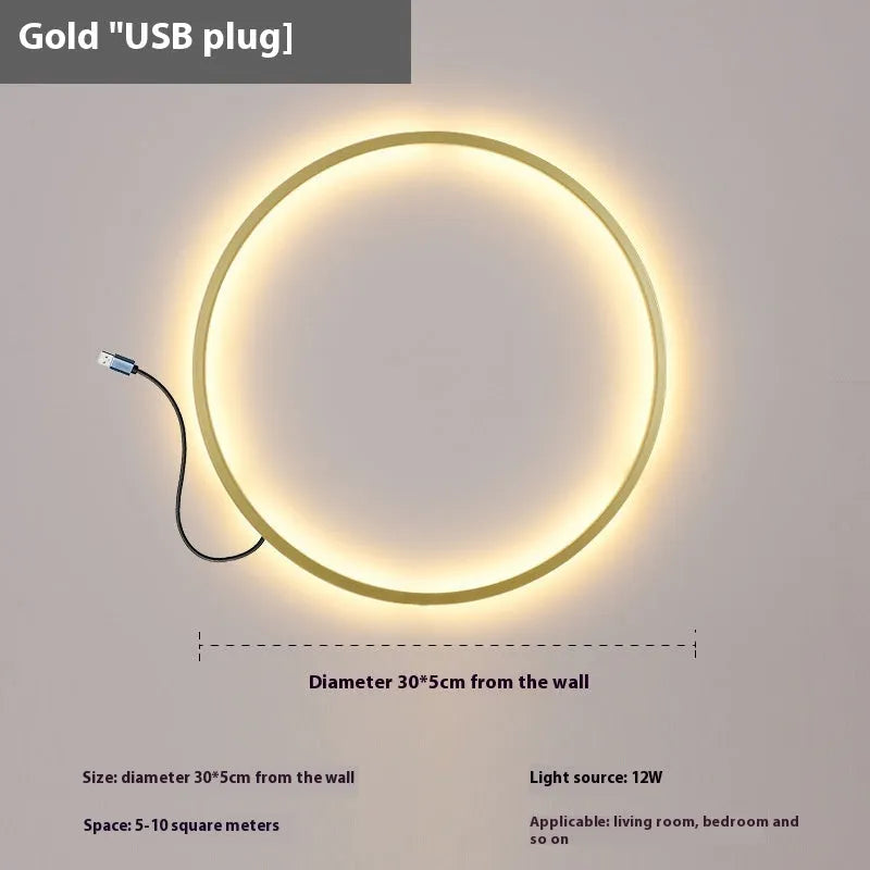 Ring wall lamp with acrylic shade and iron body, 30cm or 50cm diameter, black or gold, 220V LED