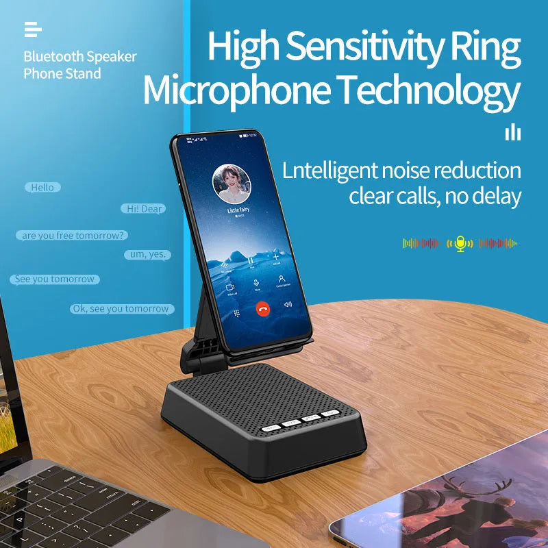 Black mobile phone stand with Bluetooth speaker on desk showing 135cm height and USB charging port