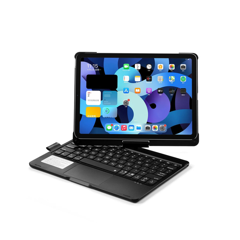Bluetooth keyboard in black with 360-degree rotating stand and touch backlight for iPad, showing compact design and wireless connectivity.