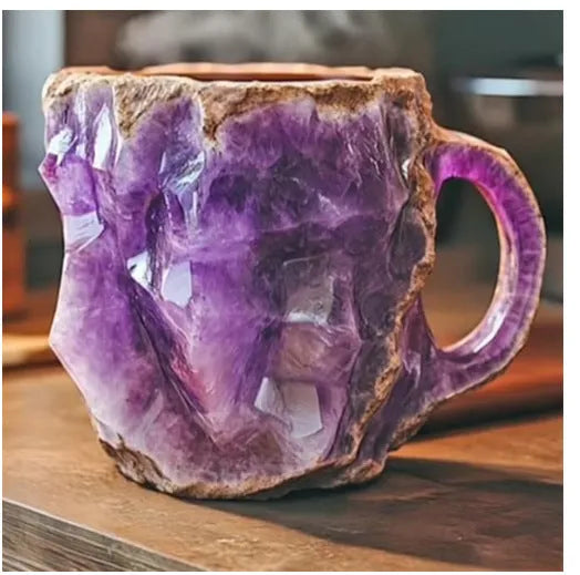 Resin mineral crystal coffee mug with 400ml capacity and 3D crystal structure in purple colour