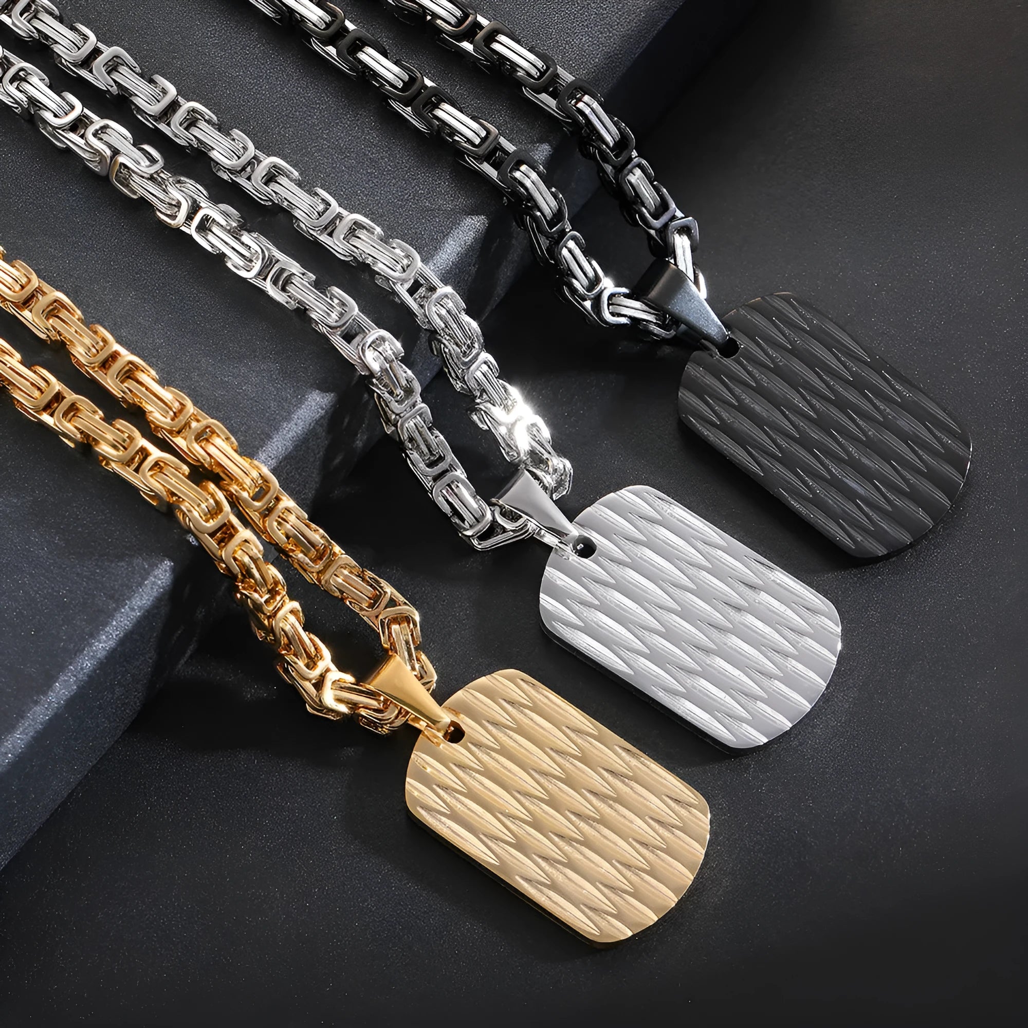Men's titanium steel water ripple pattern pendant necklace with emperor chain in gold colour