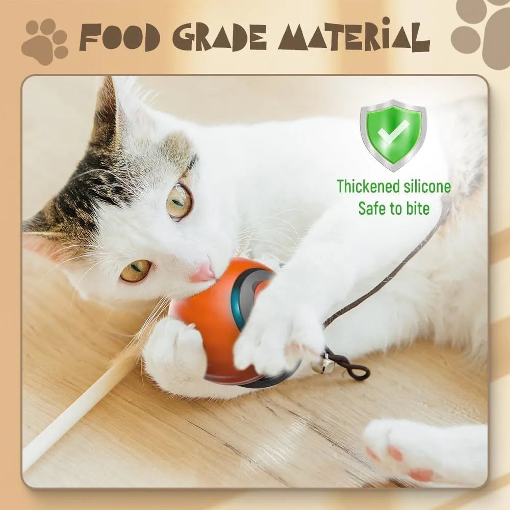 Blue and red interactive rolling ball pet toy for cats and dogs on a floor.