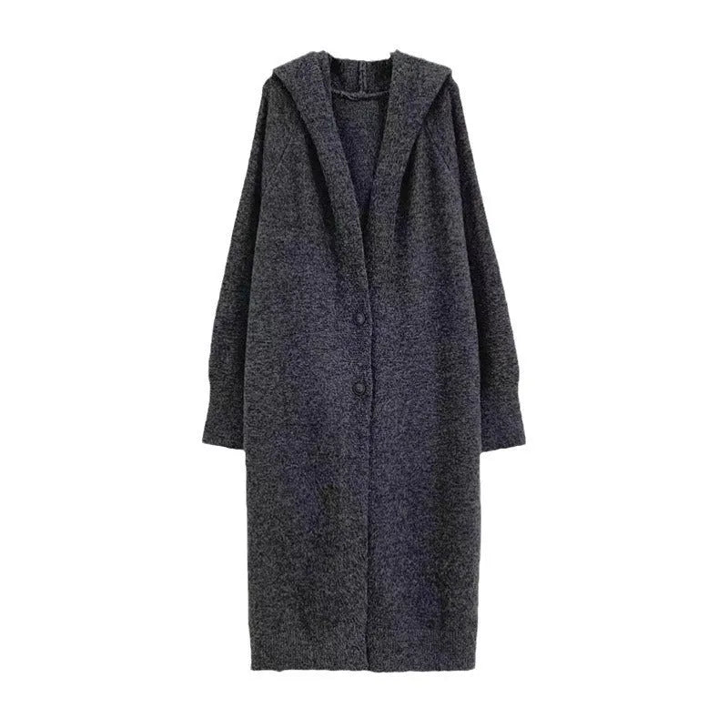 Korean style hooded long knitted cardigan for women in free size with below the knee length