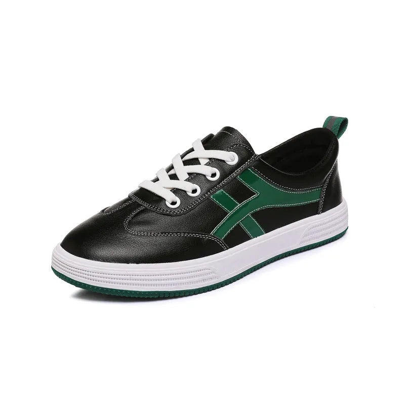 White and black low top cowhide sneakers with elastic band and round toe