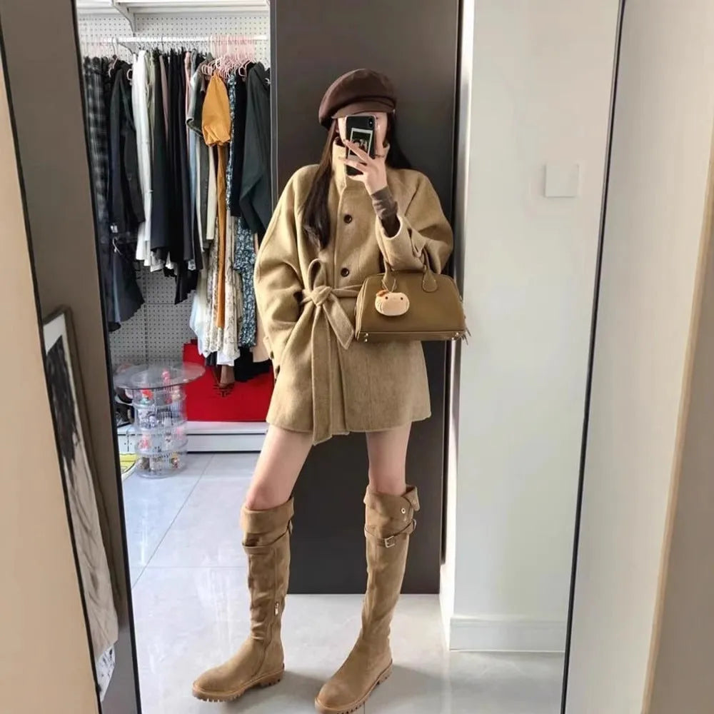 Short woolen coat women Korean casual button front khaki black S to 2XL 50cm length