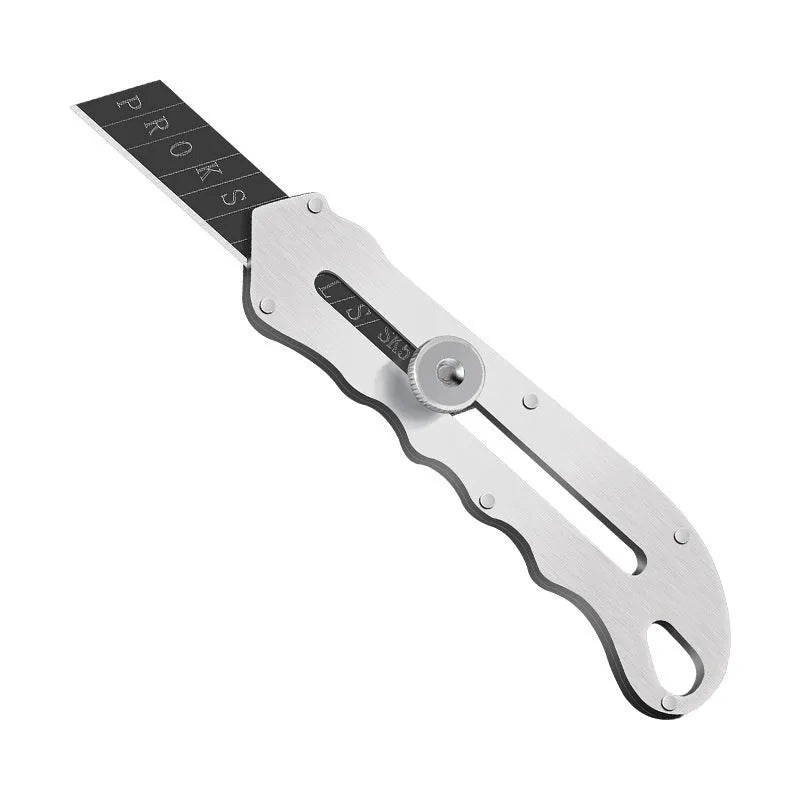 Stainless steel folding art knife with a black blade, shown with long and trapezoidal replacement blades.