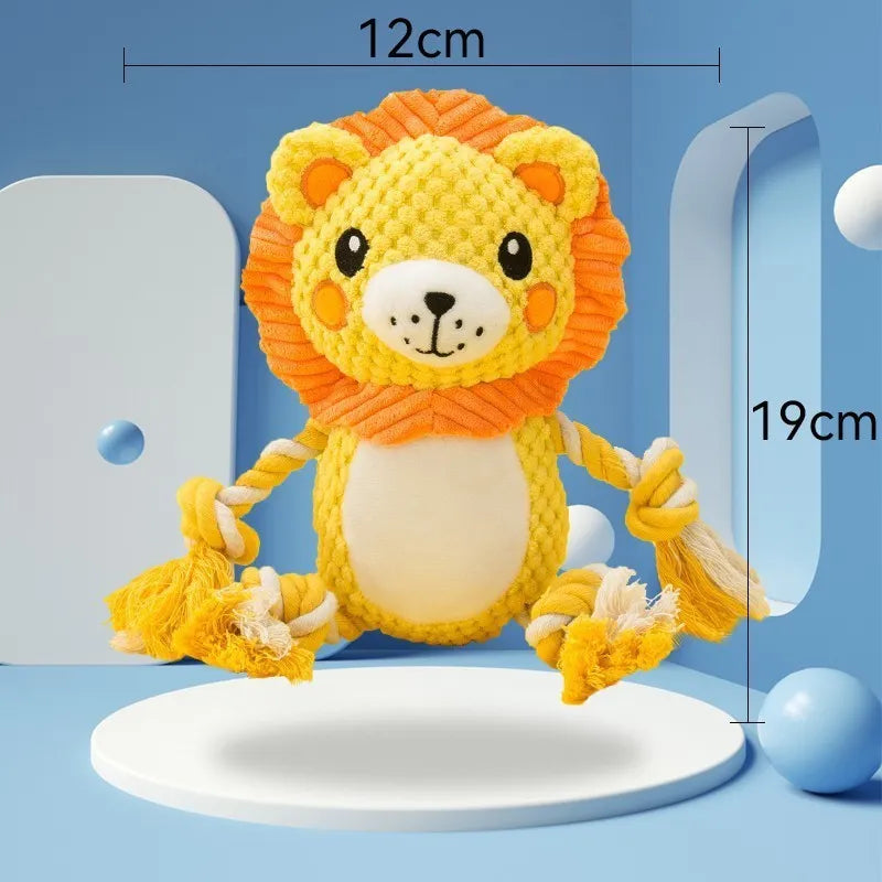 Two plush squeaky dog toys showing lion and monkey designs for medium to large breed dogs