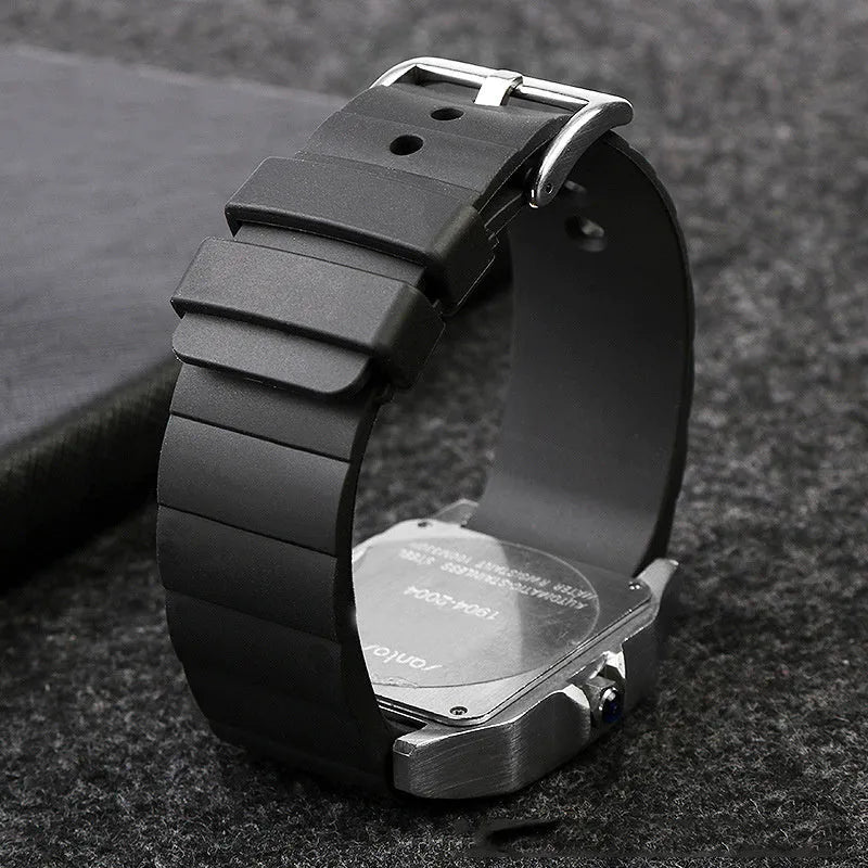Black silicone watch strap for Cartier Santos with stainless steel needle buckle, 20mm or 23mm interface